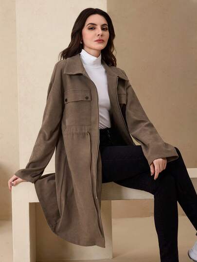 Graceveil Jaqueta feminina casual longa com zíper frontal, tecido de sarja marrom, gola com cordão, bolso cargo de quatro botões e manga comprida