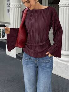 Elenzga Autumn/Winter Wide Round Neck Flare Sleeve Cinched Waist Pleated Shirt - Burgundy - View 3