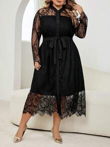 SHEIN CURVE+ 秋冬季优雅职场黑色针织蕾丝立领喇叭形撞色蕾丝长袖大码连衣裙 - 黑色 - 查看 6