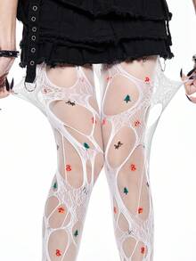 ROMWE Fairycore 2 双 Dopamine Y2K 卡通印花透明圣诞树图案紧身裤和渔网袜组合，可单独穿着或分层穿着，适合夏季音乐节 - 白色 - 查看 6
