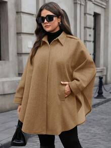 EMERY ROSE Plus Size Elegant Commuter Solid Color Batwing Sleeve Overcoat/Winter - Khaki - View 6