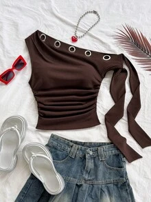 Soleia Blusa ajustada con detalle de ojales, cuello asimétrico con nudo, estilo minimalista y de calle, unicolor, para mujer en verano - Marrón - Ver 5