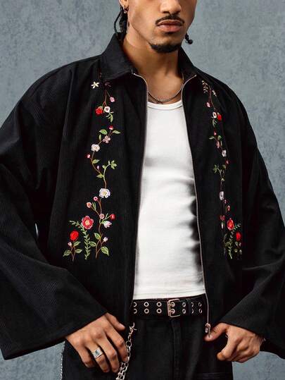 Street Life Chaqueta elegante de manga larga con cuello y bordado floral para hombre
