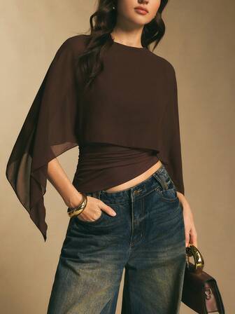 Poéselle Women's Brown Shawl Collar Casual Top,Elegant Blouses For Women ,Casual Women Outfits, New Year's Outfit For Women,Suitable For Daily Wear, Going Out, Commuting Fall/Winter, Batwing Sleeve Top, Coffee Brown Top, Dark Brown Top,