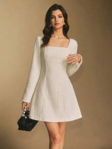 Poéselle 女士方领长袖露背蝴蝶结装饰优雅迷你连衣裙 - 白色 - 查看 7