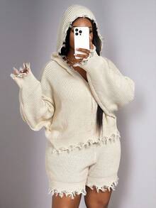 Slaydiva 2025 秋冬新品 纯色卡其色流苏连帽短裤针织套装 大码女装 - 卡其色 - 查看 5