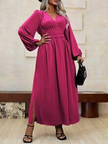 Roveilla 大码V领长袖褶皱简约长款休闲连衣裙女装 - 玫紅色 - 查看 6