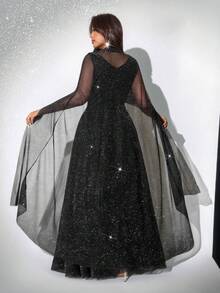 Viva Relle VPlus Size Elegant Long Sequin Party Dress - Black - View 2