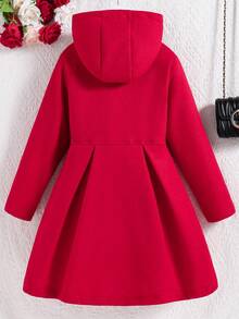 SHEIN Tween Girls Red Ruffle Trim Long Sleeve Casual Hooded Single-Breasted Overcoat, For Christmas