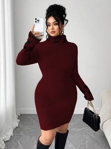 Elenzga 大码女式豹纹拼接长袖毛衣连衣裙，休闲外套，适合婚礼宾客、秋冬季穿着 - 酒紅色 - 查看 1