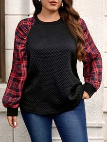 EMERY ROSE Sudadera casual de manga larga con cuello redondo, de talla grande, con parches de cuadros - Multicolor - Ver 1