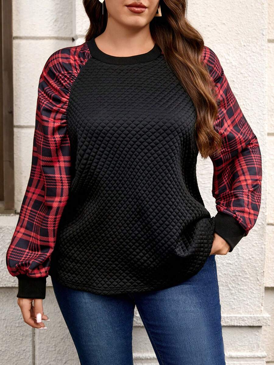 EMERY ROSE Sudadera casual de manga larga con cuello redondo, de talla grande, con parches de cuadros - Multicolor - Ver 1