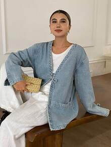 Livesso Women's Lace-Up Loose Denim Jacket, Autumn