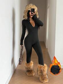 StreetHx 街头风女式保暖修身连体裤，秋冬季 - 黑色 - 查看 3