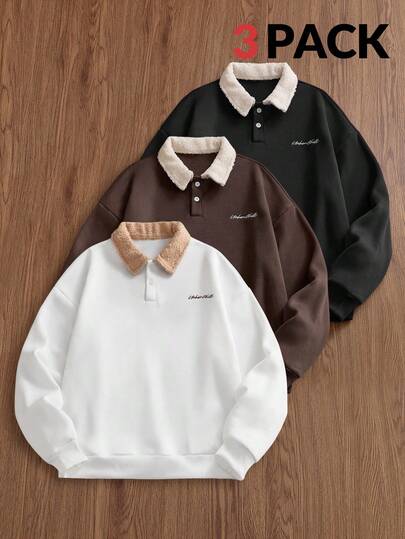 SWAVVY 男士撞色刺绣英文字母 Polo 领卫衣，秋冬服装，情侣装