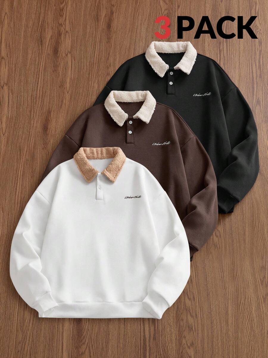 SWAVVY 男士撞色刺绣英文字母 Polo 领卫衣，秋冬服装，情侣装 - 彩色 - 查看 1