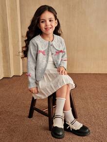 SHEIN Young Girl Cute Gray Cardigan Knit Sweater With Floral Lace Collar, Patchwork Long Sleeve, Bow Button Front Girl Cardigan Sweater Lace Collar Cardigan Fall Winter - Light Grey - View 3