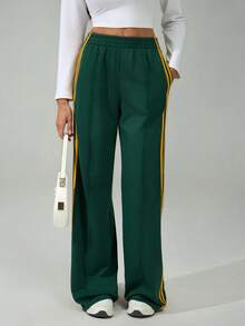 SHEIN Tall 女式松紧腰侧条纹阔腿宽松休闲运动裤，返校季 - 綠色 - 查看 7