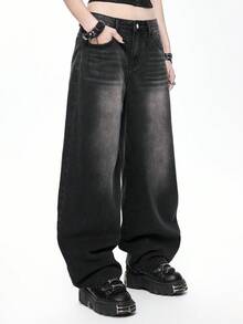 ROMWE Grunge Punk Distressed Spiderweb Embroidered Oversized Flare Women Jeans - Black - View 5