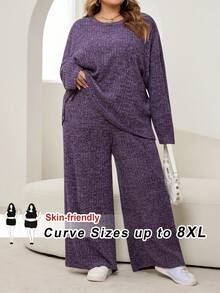 SHEIN CURVE+ 大码纯色简约日常穿搭圆领长袖上衣和裤子两件套 - 淡紫色 - 查看 10