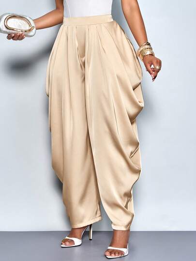 SOLERSUN Women's Elegant Fashion Loose Champagne Pleated Pocket Satin Pants, Suitable For Afternoon Tea, Gathering, Fashionable Outing, Dating, Sweet Outing, Night Out, Christmas Party, New Year's Eve, Holiday, Sexy Women's, Club,Suitable For Christmas Party Vacation & Valentine's Day Dating