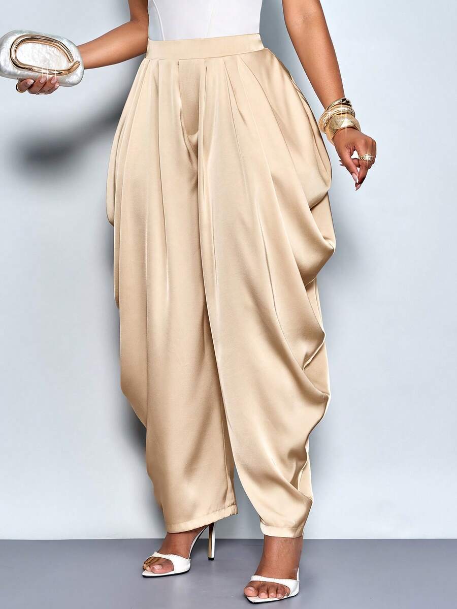 SOLERSUN Women's Elegant Fashion Loose Champagne Pleated Pocket Satin Pants, Suitable For Afternoon Tea, Gathering, Fashionable Outing, Dating, Sweet Outing, Night Out, Christmas Party, New Year's Eve, Holiday, Sexy Women's, Club,Suitable For Christmas Party Vacation & Valentine's Day Dating - Apricot - View 1