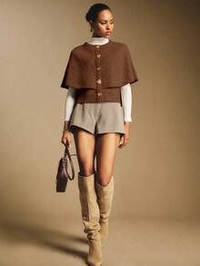 Poéselle Women's Fashionable Poncho 2 In 1 Sweater, Autumn/Winter Earthy Clothes Women Brown Clothes Brown Sweater - Brown - View 6