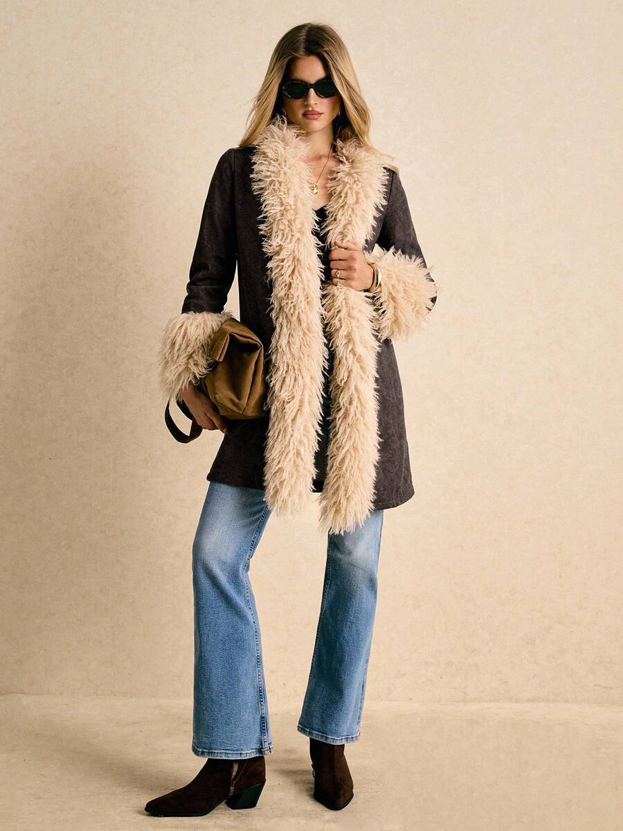 Poéselle 女士时尚毛绒拼接外套，秋冬季，人类学家风格，70年代女装，长款外套 - 咖啡棕 - 查看 1