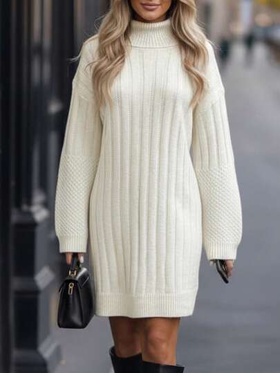 EMERY ROSE High Neck Solid Color Drop Shoulder Sweater Dress Fall Winter Cloth For Women