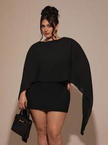 SHEIN BAE Plus Size Women's Black V-Neck Fitted Elegant Mini Dress,Autumn Formal Evening Night Out Club,Christmas Party Wedding Birthday Birthday Curve Dresses - Black - View 3