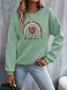 SHEIN LUNE Women's Printed Regular Fit Crewneck Sweatshirt Graduation,Back To School Outfits,Graduation,Teacher Outfits For Women,Back To School Pullover Fall Outfit - Green - View 3