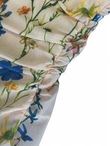 Rafferiza 女式优雅单肩花卉树枝印花网眼松紧腰褶饰紧身高开衩灯笼袖长裙 - 杏色 - 查看 6