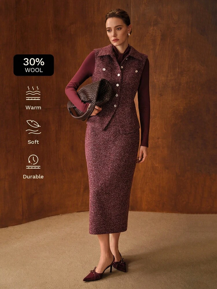 WOMEN'S ELEGANT SEQUIN SLEEVELESS JACKET AND SKIRT SET WITH CHAIN BELT
