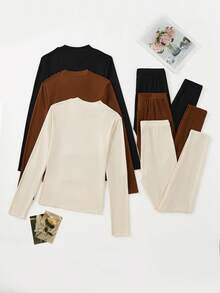 SHEIN LUNE 2件套女士休闲纯色长袖上衣和裤子套装 - 彩色 - 查看 3
