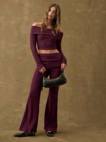 Nöista Burgundy Set Featuring An Off-Shoulder Top And Flared Pants For A Slim And Feminine Fit. Ideal For Autumn And Soft Winter Days, And Perfect For Pairing With Festive Accessories For Christmas Or New Year Events. This Elegant Outfit Offers A Refined Look Suitable For Parties, Dinners, And Special Seasonal Occasions. - Lilac Purple - View 2