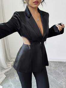 Rafferiza Autumn/Winter Fashion Birthday Party Evening Elegant Metal Tassel Hollow Out Waist Padded Shoulder Women Jacket - Black - View 4