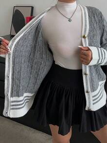 SHEIN CURVE+ Áo len cardigan cỡ lớn cho nữ, phong cách đại học mới cho mùa thu/đông - Xám - Xem 4