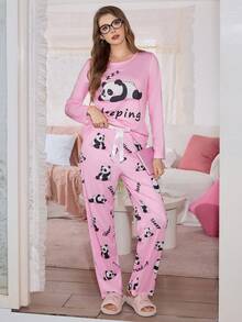 SweetSlumber Cute Panda Print Women's Pajama Set,Pink Comfortable Loungewear Sleeping Set For Fall & Winter Clothes - Multicolor - View 3
