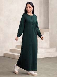 女士休闲纹理面料圆领宽松长款卫衣，绿色，秋冬 - 墨綠色 - 查看 8