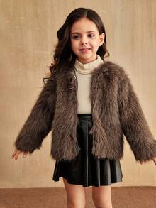 SHEIN Elladie kids Young Girl Casual Fluffy Faux Fur Loose Coat, Sophisticated And Chic Urban Fall Winter