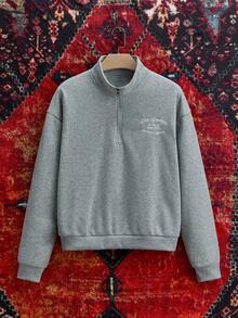 SWAVVY Men's Half-Zip Letter Embroidery Stand Collar Long Sleeve Pullover Sweatshirt And Sweatpants Set - Light Grey - View 5