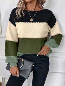 SHEIN LUNE Áo len cổ tròn màu trơn đơn giản cỡ lớn dành cho nữ, Thu/Đông - màu xanh lá - Xem 1