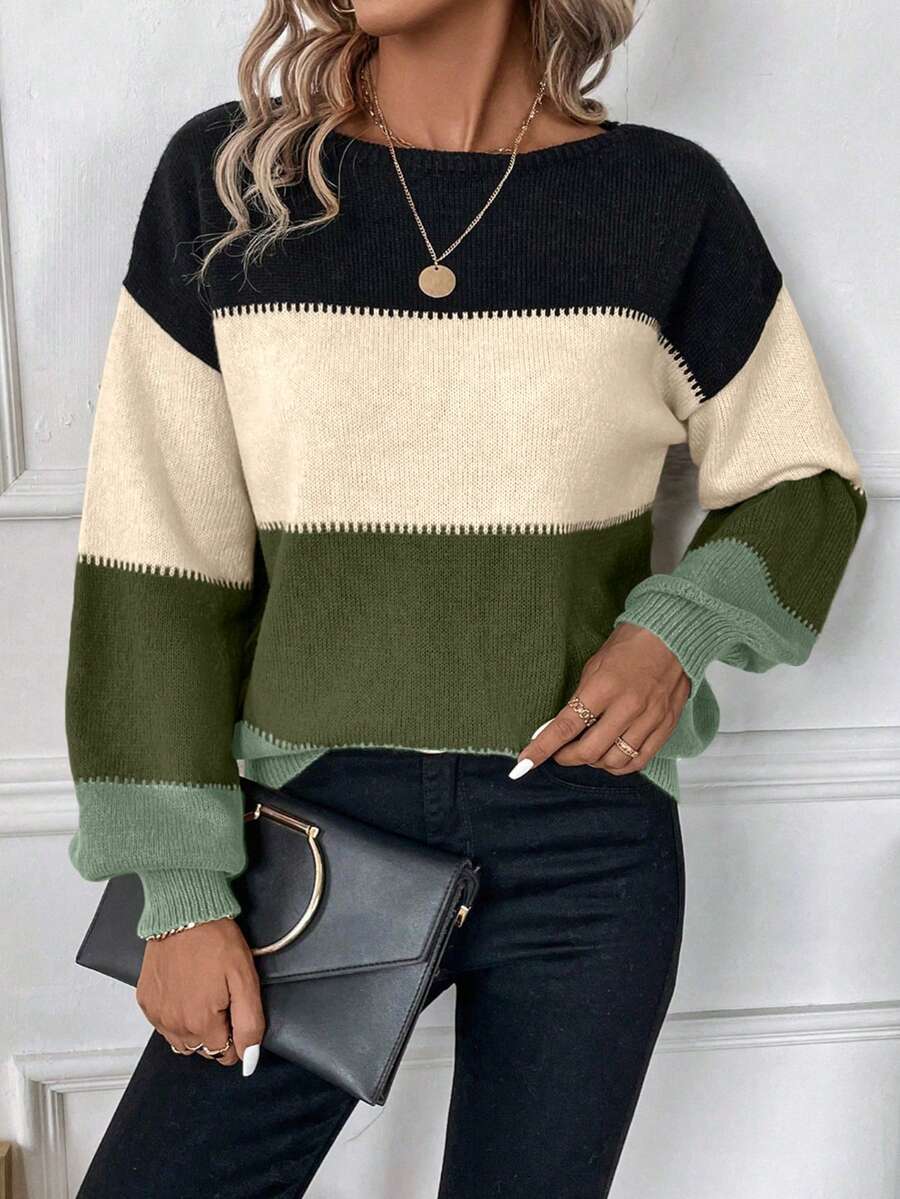 SHEIN LUNE Áo len cổ tròn màu trơn đơn giản cỡ lớn dành cho nữ, Thu/Đông - màu xanh lá - Xem 1