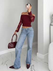 Siren Gaze Women's Christmas Chic Red Off Shoulder Long Sleeve Lace Ruched Fitted Fashion T-Shirt, Sexy Party Top Winter New Year Burgundy Red Top,Christmas Spring Valentine's Day Casual - Burgundy - View 5