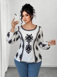 SHEIN Elenzya Áo cánh dài tay ôm sát cổ tròn in họa tiết cho nữ, áo khoác ngoài thường ngày - Nhiều màu - Xem 5