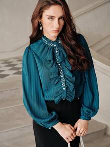 Anewsta Savoree Women's Elegant Beaded & Rhinestone Embellished Long Sleeve Blouse With Ruffled Hem, Emerald Green - Blue - View 5