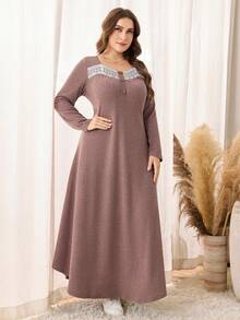 Lacomfia 大码纯色长袖针织秋冬罗纹长款休闲蕾丝边连衣裙 - 藕粉色 - 查看 3