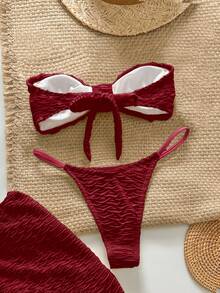 Swim Chiccia 3件套纹理无肩带海星比基尼性感泳衣套装 - 酒紅色 - 查看 2