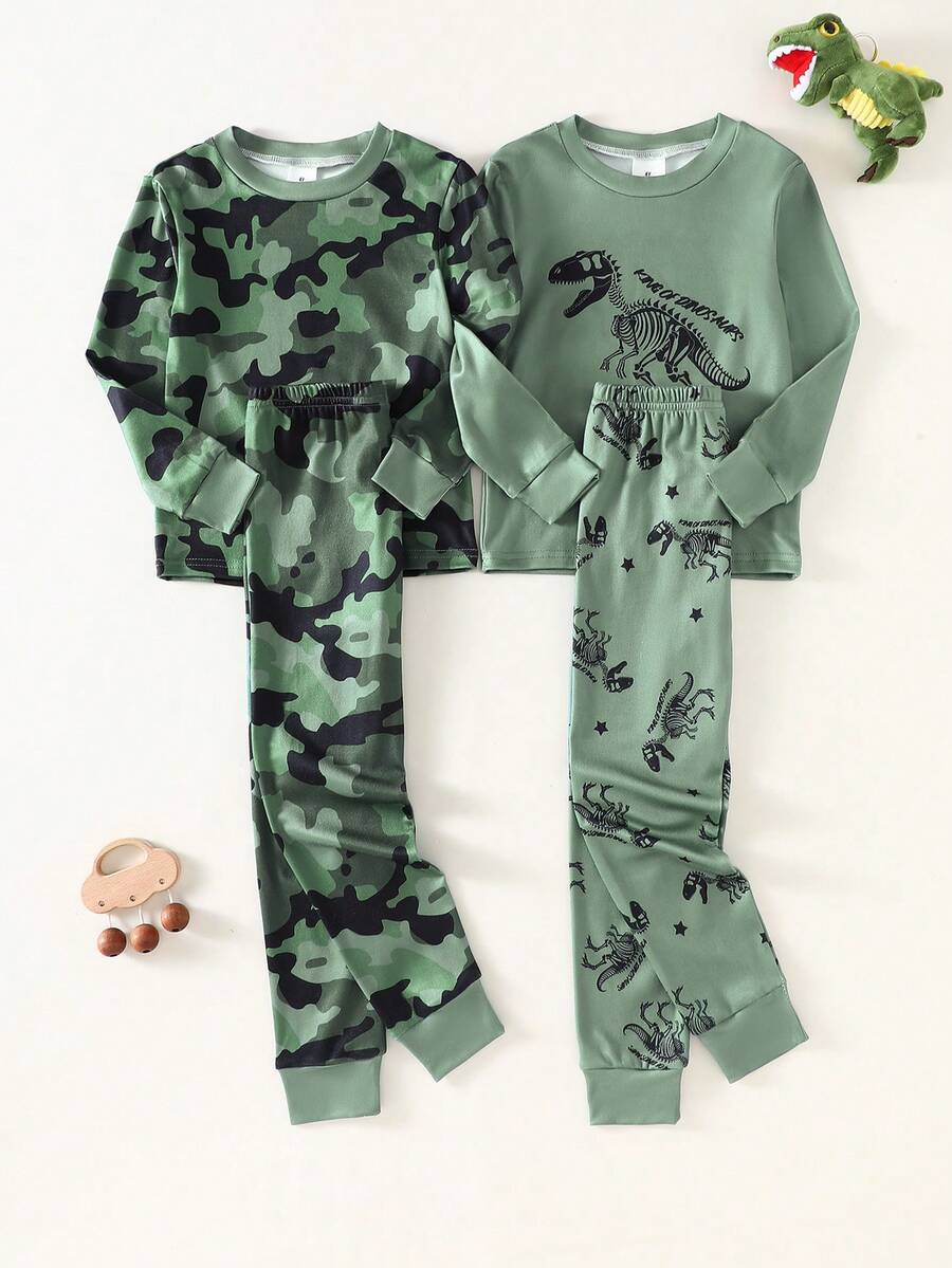 Young Boys Pajamas-Pajama Set Crew Neck Long Sleeve Top Long Pants Dinosaur Fossil Camo Print Stylish Army Green Lightweight Comfortable Cute Homewear All Season 2026 New Year Essential Snug Fit - Green - View 1