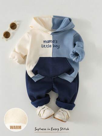 Cozy Pixies 2pcs Baby Boy Letter Graphic Patchwork Contrast Color Hooded Sweatshirt And Elastic Waist Pants Set